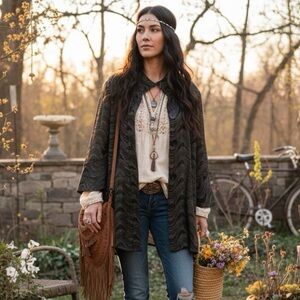 Ali Miles Bohemian Chic Button Front Jacket Gold Black Wave Metallic Textured L